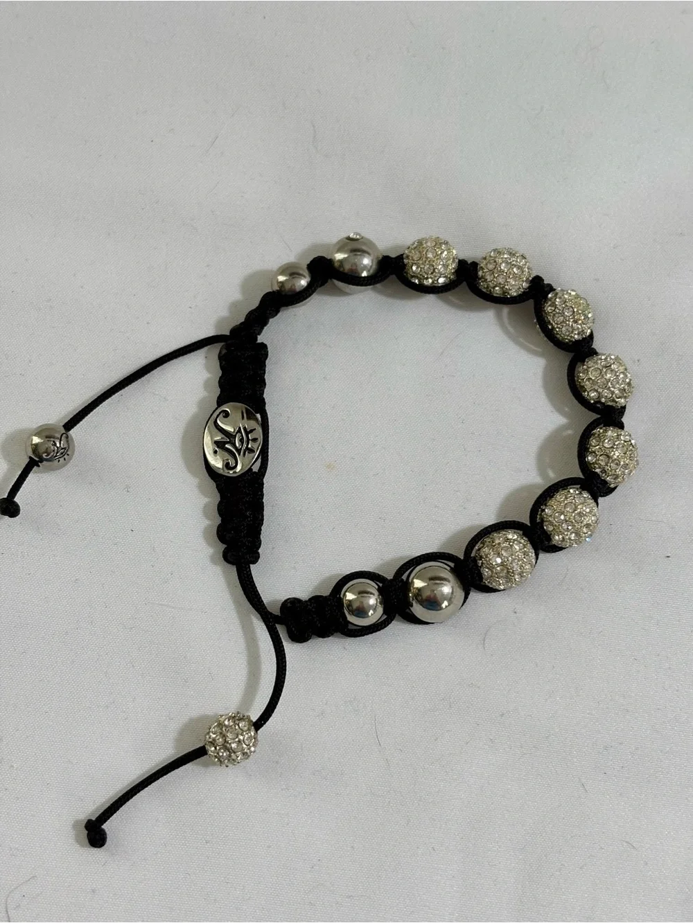 Vintage Macrame Shamballa  Pave Crystal Bead Bracelet in Silver tone and Black